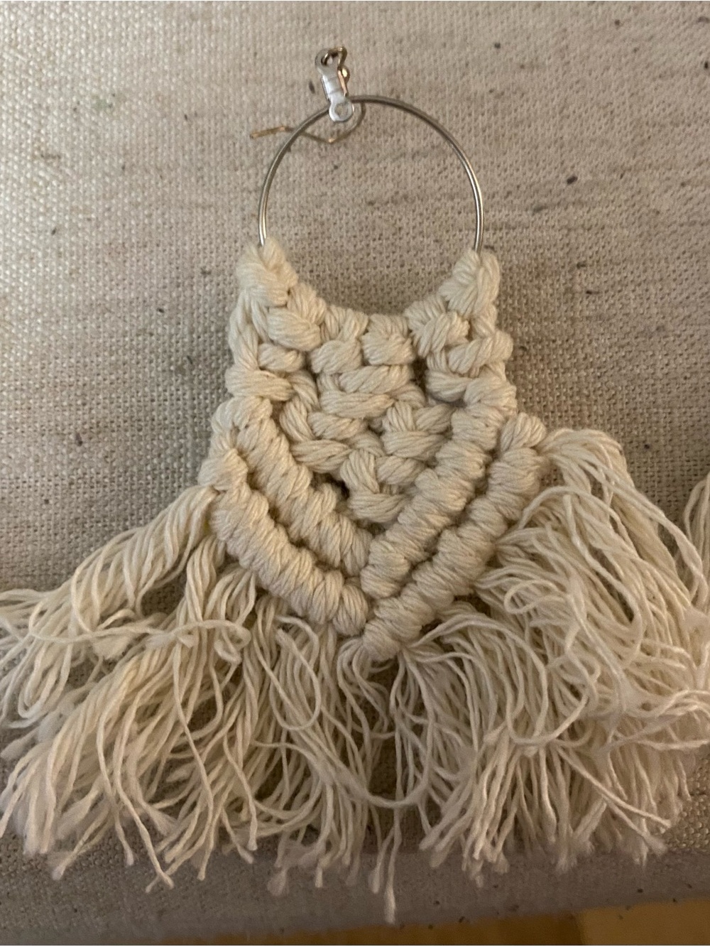 Boho Macramé Fringe Hoop Earrings - Cream - Picture 2 of 2